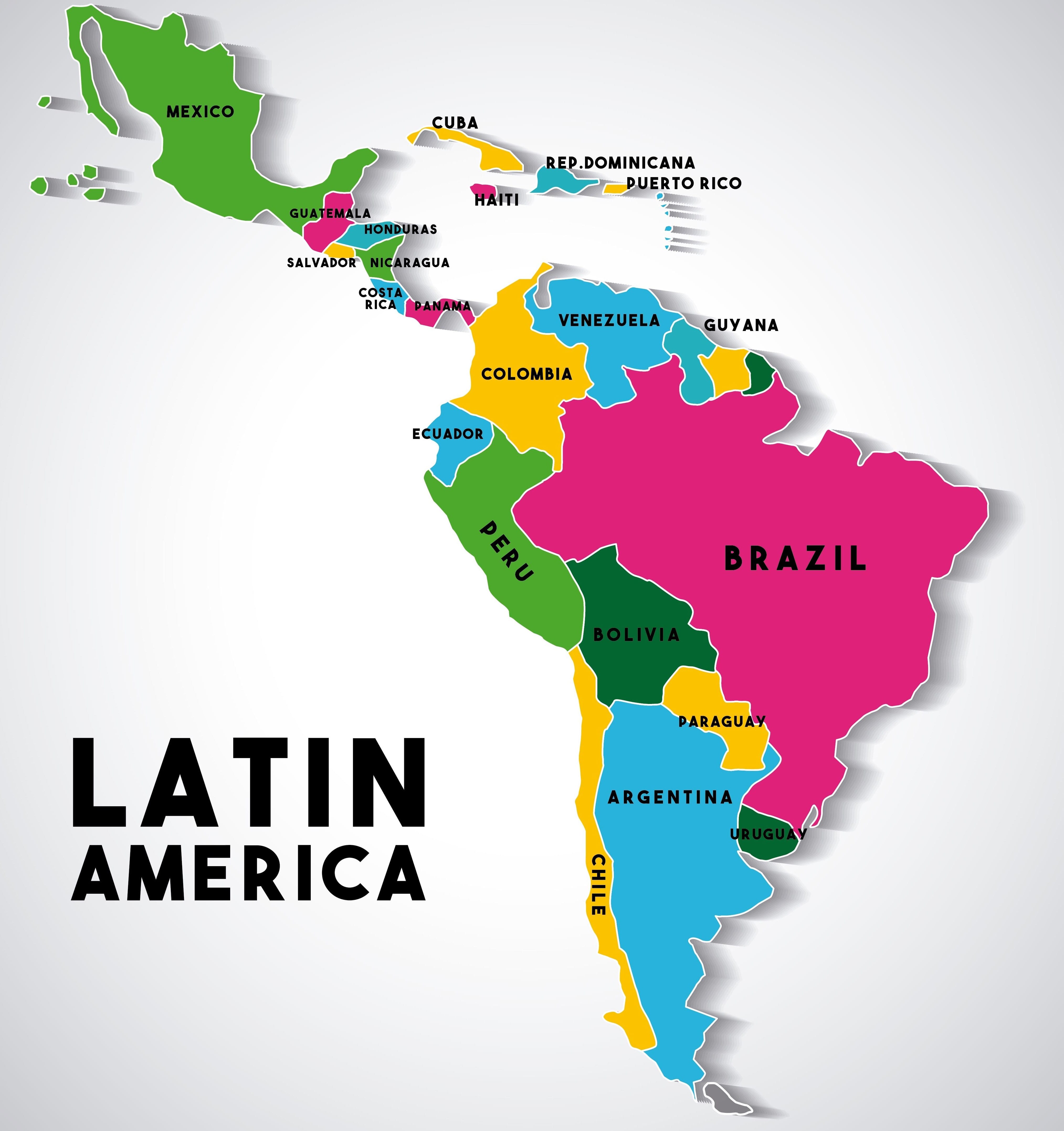 Самая белая страна латинской америки. Карта стран Латинской Америки карта. Карта Латинской Америки со странами на русском. Латинская Америка географическая карта.